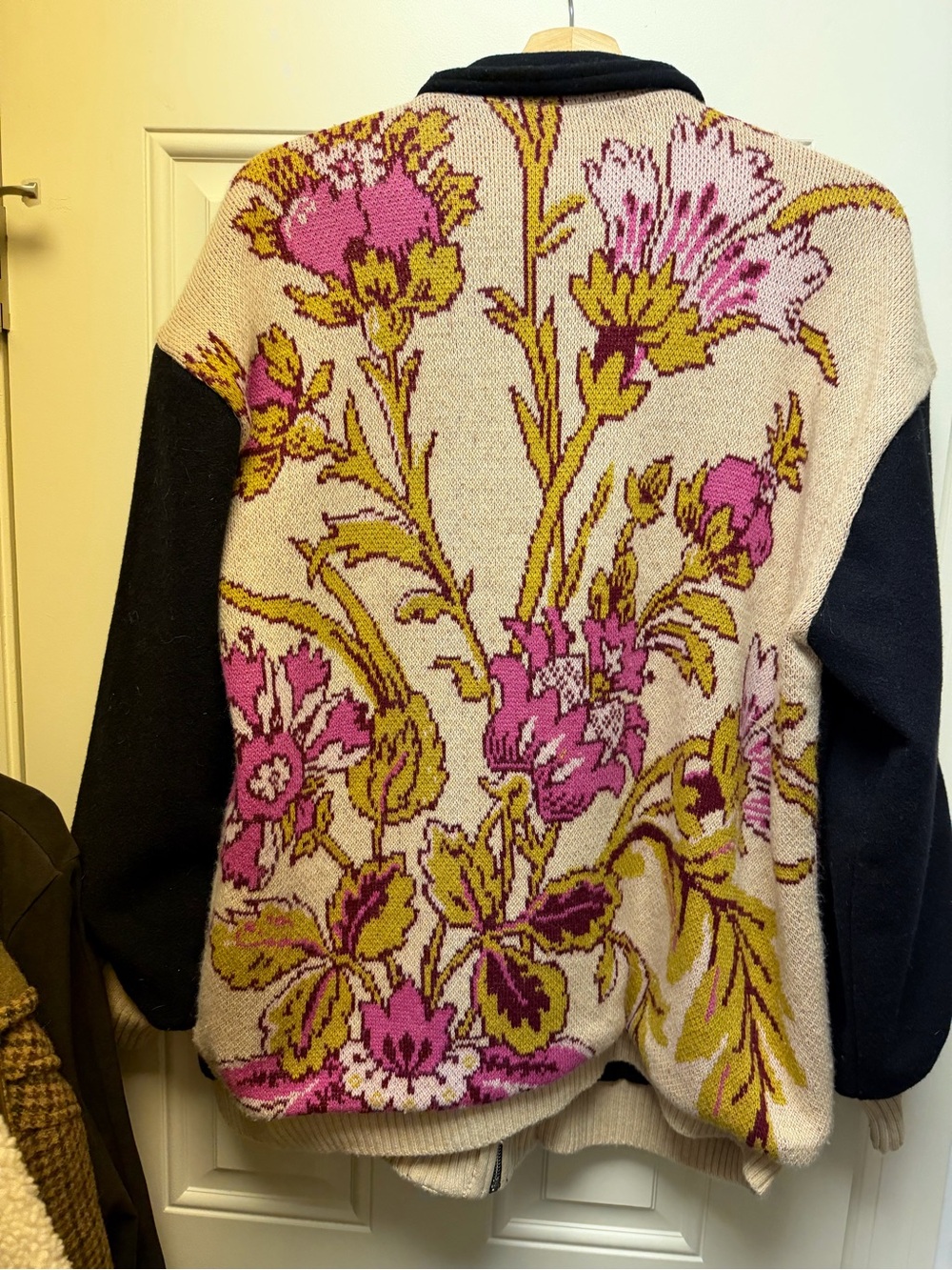 Anthropologie Black Bomber Jacket with Beige Floral Knit Shoulders